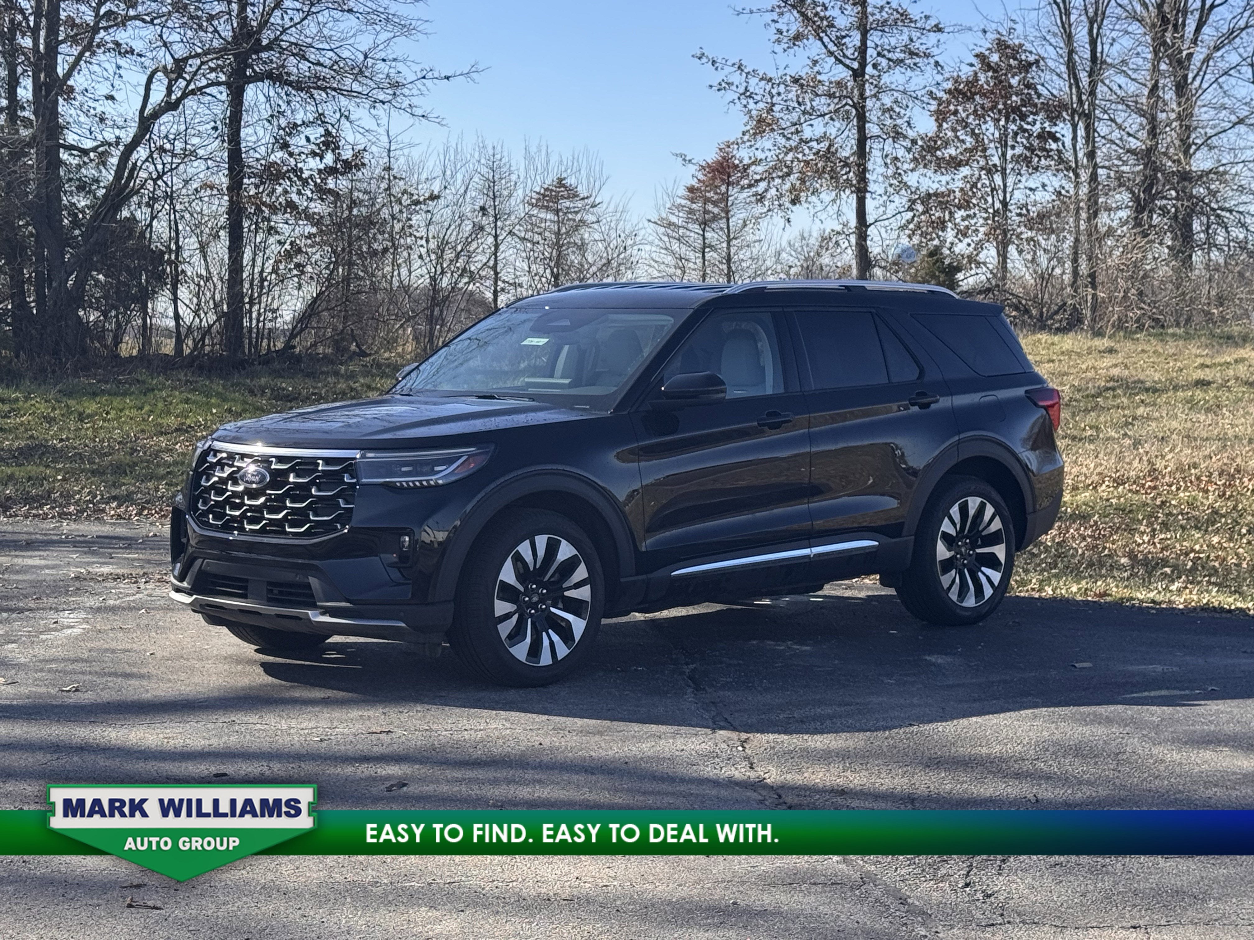 2026 Ford Explorer Platinum in Agate Black Metallic — front three-quarter view