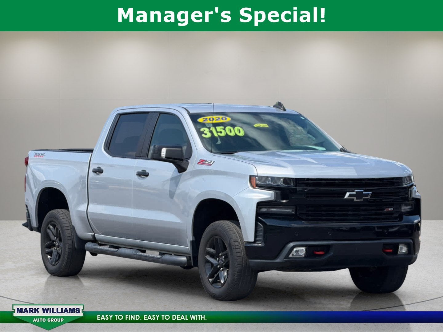 2020 Chevrolet Silverado 1500 LT Trail Boss in Silver Ice Metallic — front three-quarter view